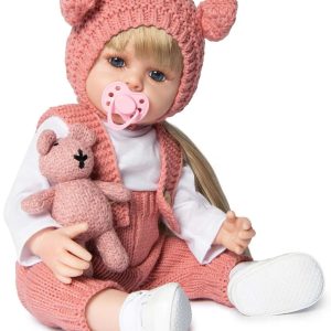 Păpușă bebeluș realist 55 cm cu hăinuțe tricotate roz, suzetă și ursuleț