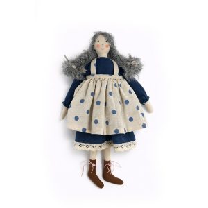 Păpușă cu păr creț gri și rochie cu buline – jucărie textilă realizată manual