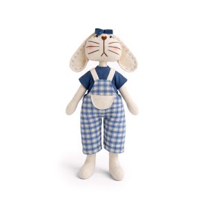 Iepuraș cu salopetă albastră – jucărie textilă realizată manual